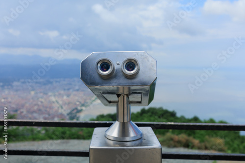 Observation deck and binoculars for viewing the sea and the city of Istanbul in a public place photo