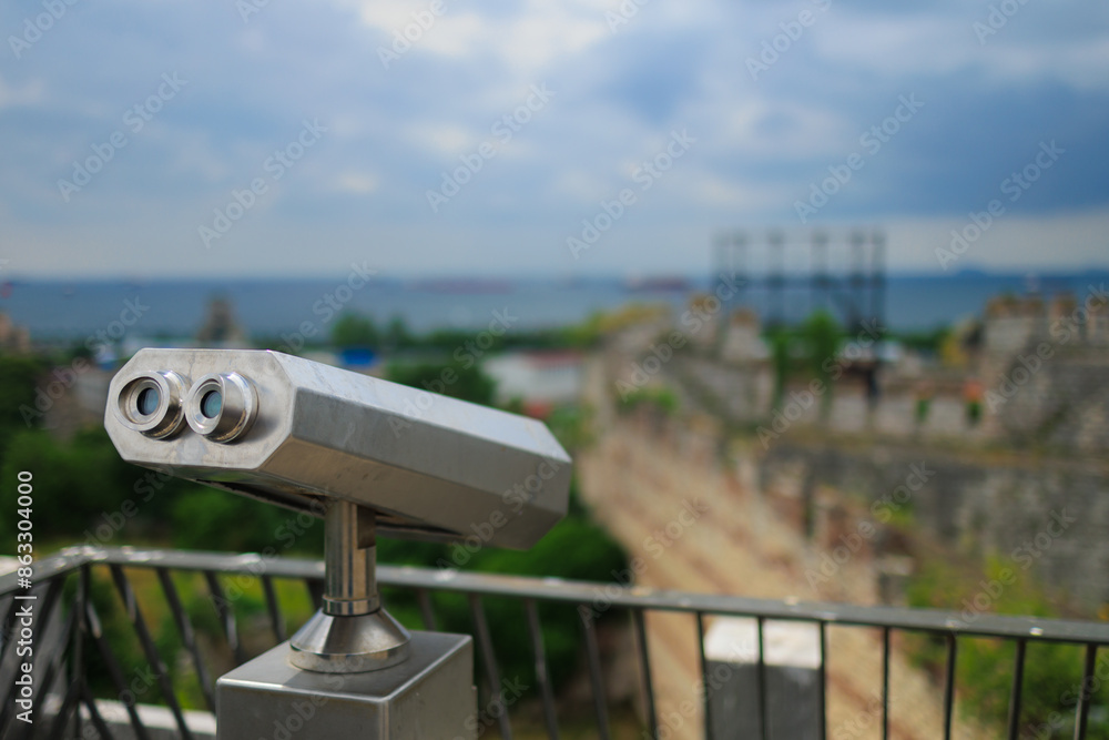 Observation deck and binoculars for viewing the sea and the city of Istanbul in a public place Observation deck and binoculars for viewing the sea and the city of Istanbul in a public place