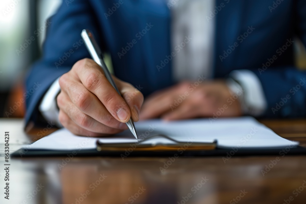 A man is writing with a pen on a piece of paper. Concept of professionalism and focus, as the man is dressed in a suit and tie and is writing on a desk A man is writing with a pen on a piece of paper. Concept of professionalism and focus, as the man is dressed in a suit and tie and is writing on a desk