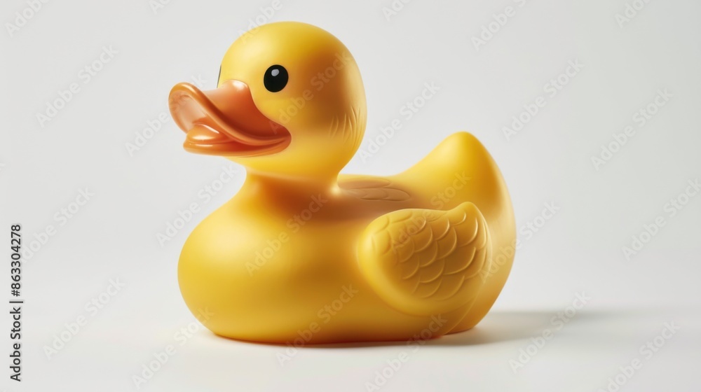 A cute, yellow rubber duck is centered on a white background. The image has a cinematic and clean style. A cute, yellow rubber duck is centered on a white background. The image has a cinematic and clean style.