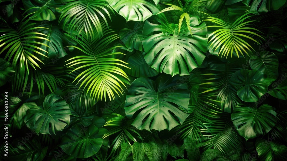 Lush green tropical leaves overlapping each other in a dense, Bali-style arrangement set against a vibrant green background. Lush green tropical leaves overlapping each other in a dense, Bali-style arrangement set against a vibrant green background.