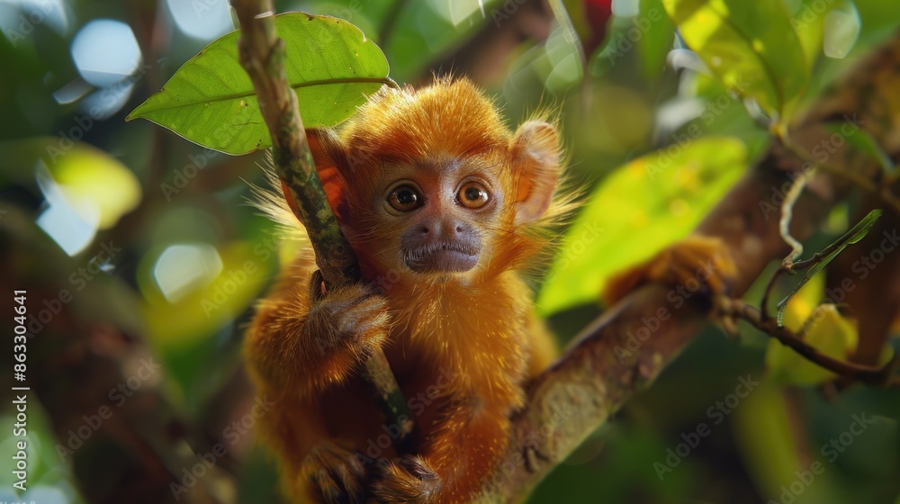 Fototapeta premium A small monkey perched on a tree branch, looking around