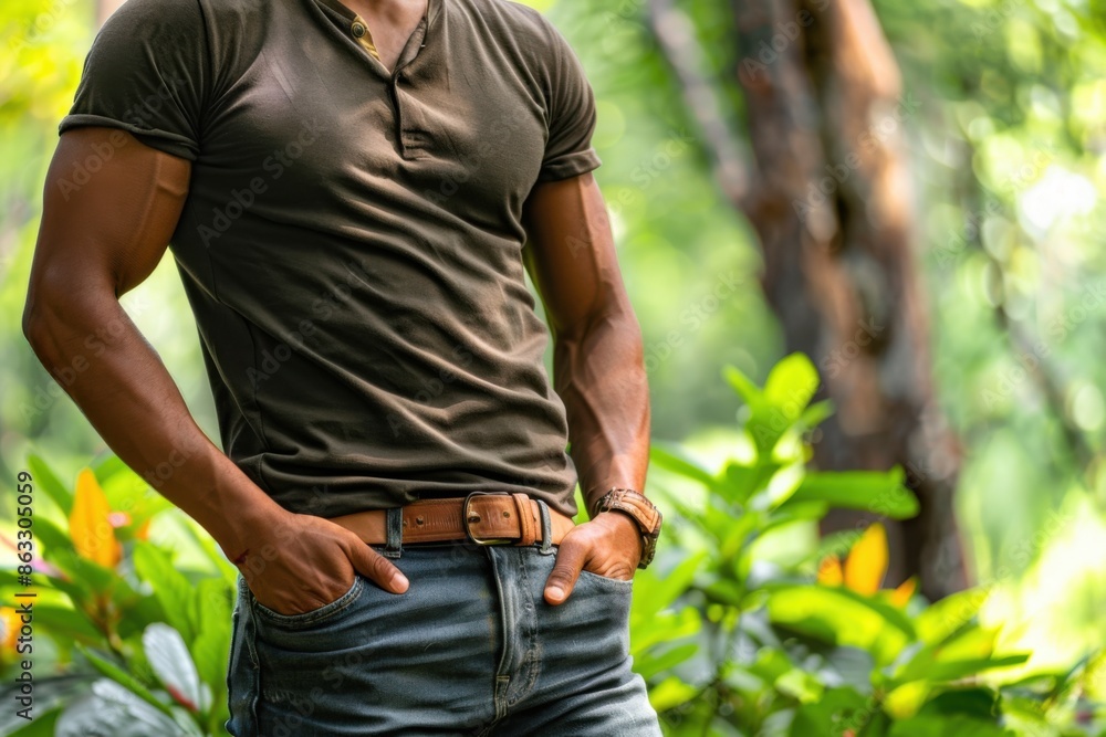 A young male model wearing a black t-shirt, posing outdoors in a lush green environment, hands in pockets of blue jeans. A young male model wearing a black t-shirt, posing outdoors in a lush green environment, hands in pockets of blue jeans.