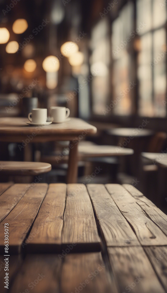 Empty old wood table top and blurred bokeh cafe and coffee shop interior background with vintage Empty old wood table top and blurred bokeh cafe and coffee shop interior background with vintage