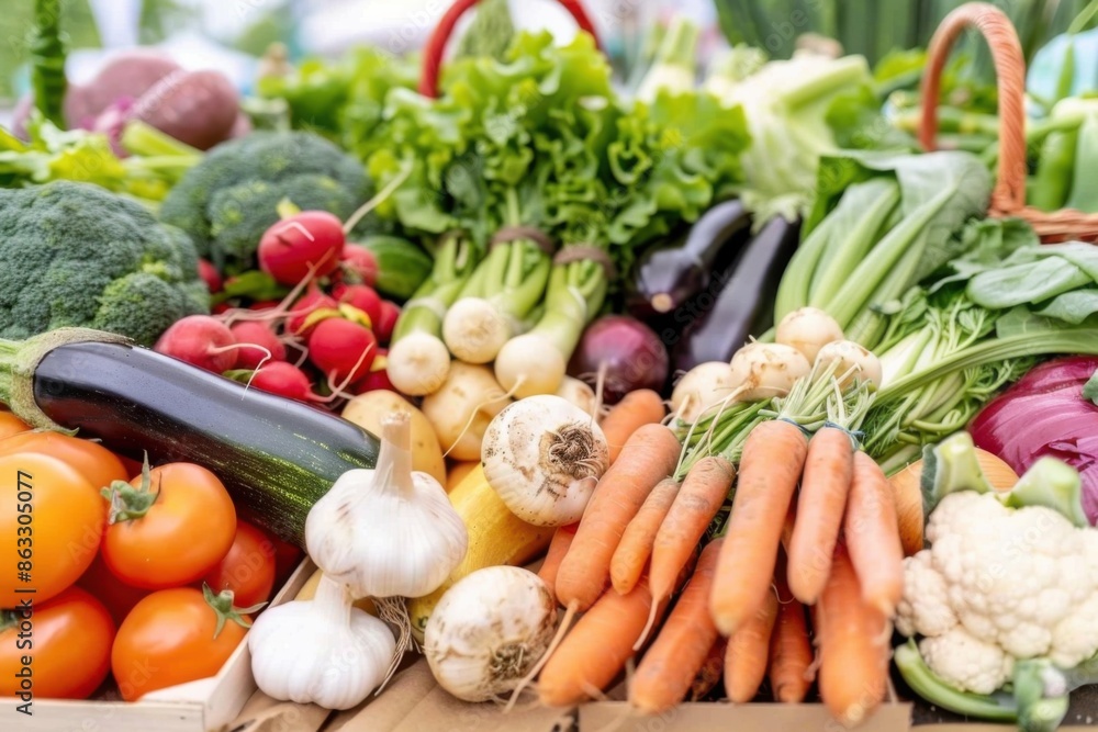 An assortment of fresh vegetables displayed at a farmer's market, showcasing vibrant colors and a variety of produce, including tomatoes, carrots, and broccoli. An assortment of fresh vegetables displayed at a farmer's market, showcasing vibrant colors and a variety of produce, including tomatoes, carrots, and broccoli.