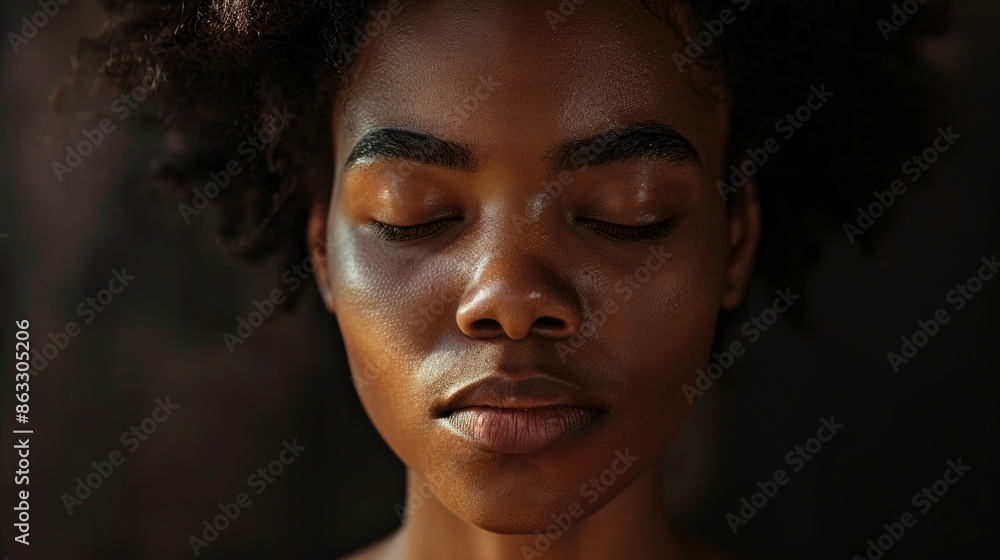 A close-up shot of a woman with her eyes closed, possibly in deep thought or meditation A close-up shot of a woman with her eyes closed, possibly in deep thought or meditation