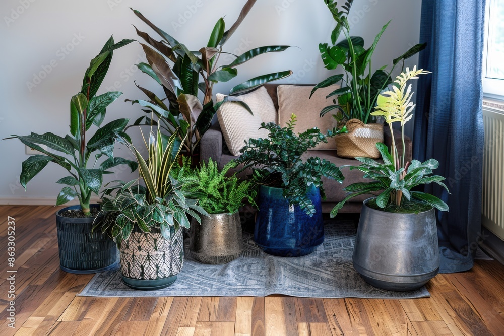A modern contemporary loft with various indoor plants in stylish pots placed on a patterned rug, featuring a cozy beige sofa and wooden flooring. A modern contemporary loft with various indoor plants in stylish pots placed on a patterned rug, featuring a cozy beige sofa and wooden flooring.