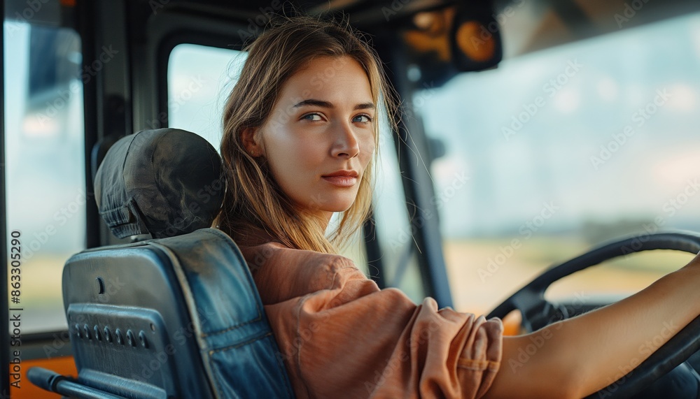 A young woman dressed in casual clothing is confidently steering a heavy vehicle with focus and determination, highlighting the modern woman excelling in diverse roles. A young woman dressed in casual clothing is confidently steering a heavy vehicle with focus and determination, highlighting the modern woman excelling in diverse roles.