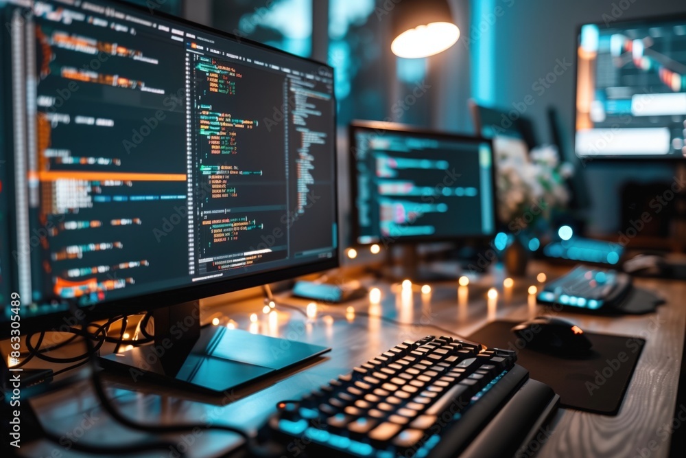 A computer desk with three monitors and a keyboard. The monitors are displaying code and the keyboard is black A computer desk with three monitors and a keyboard. The monitors are displaying code and the keyboard is black