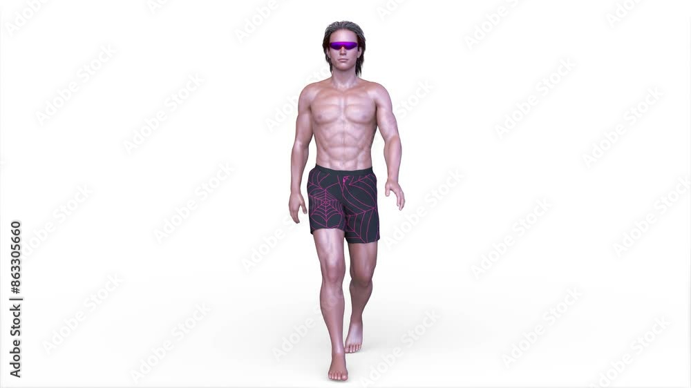 歩くハーフパンツの男性　3DCGレンダリング