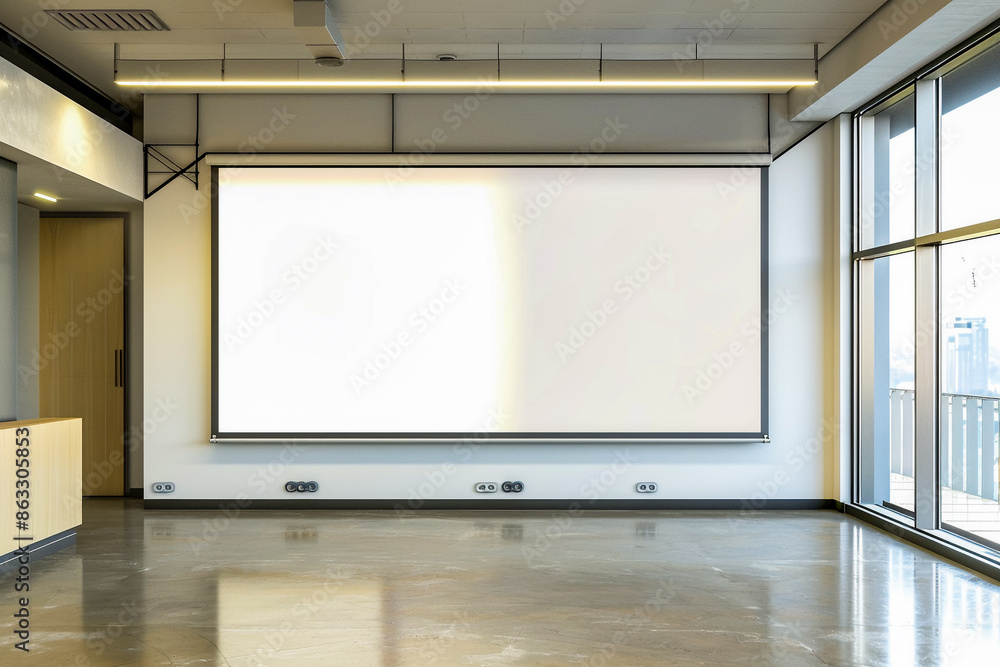 Modern conference room featuring an empty seating arrangement facing a large projection screen, illuminated by natural light. Modern conference room featuring an empty seating arrangement facing a large projection screen, illuminated by natural light.