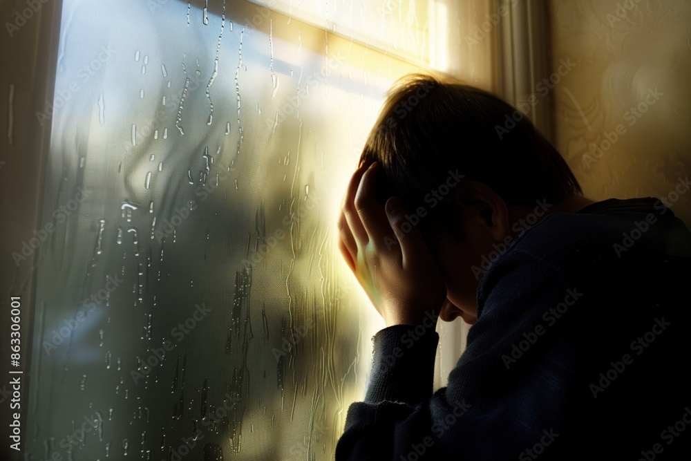 A man is looking out a window with his hands on his head. The window is foggy and the man is in a state of distress A man is looking out a window with his hands on his head. The window is foggy and the man is in a state of distress