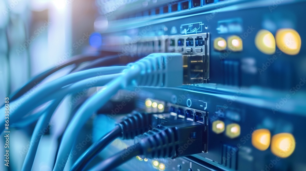 Information Technology Computer Network, Telecommunication Ethernet Cables Connected to Internet Switch In Data Center Information Technology Computer Network, Telecommunication Ethernet Cables Connected to Internet Switch In Data Center