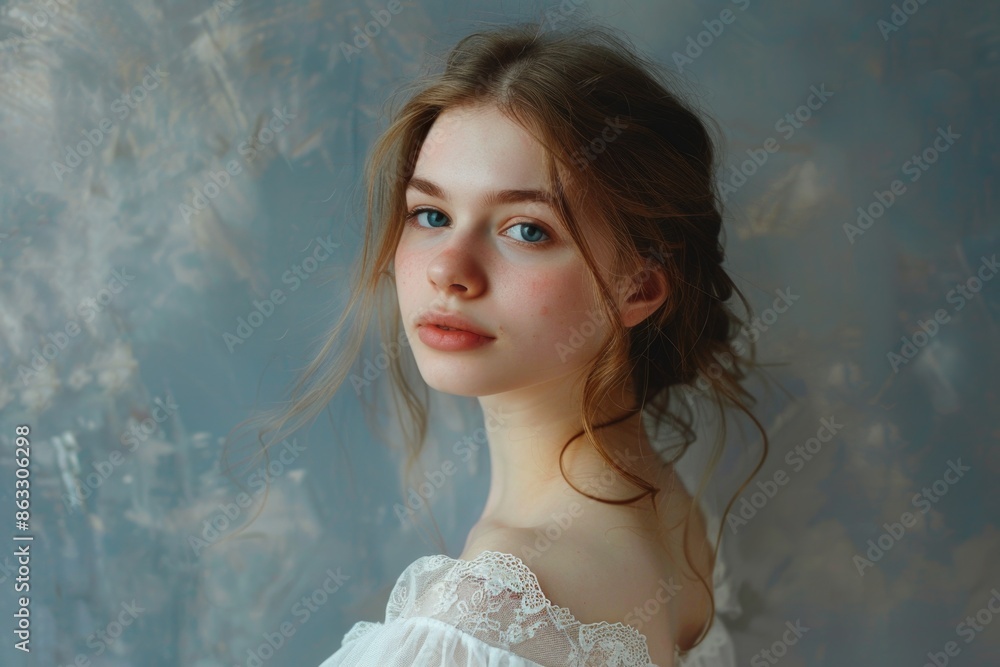 Naklejka premium A beautiful young woman dressed in a white outfit