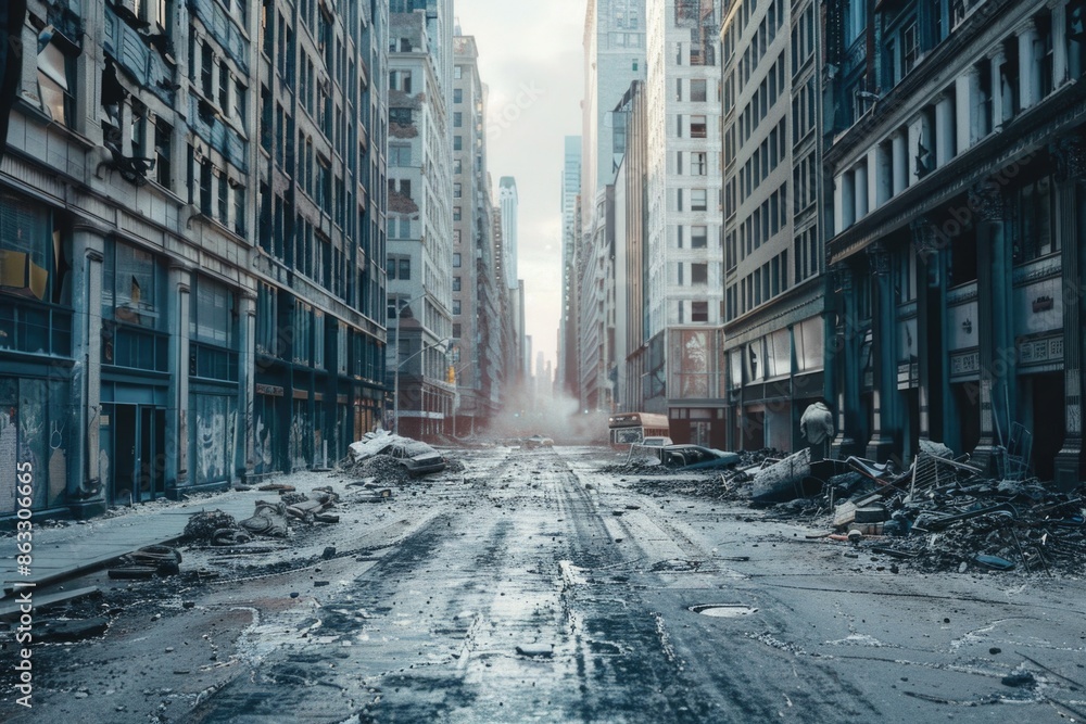 A dirty city street littered with debris and trash, ideal for use in scenes depicting urban decay or environmental issues A dirty city street littered with debris and trash, ideal for use in scenes depicting urban decay or environmental issues