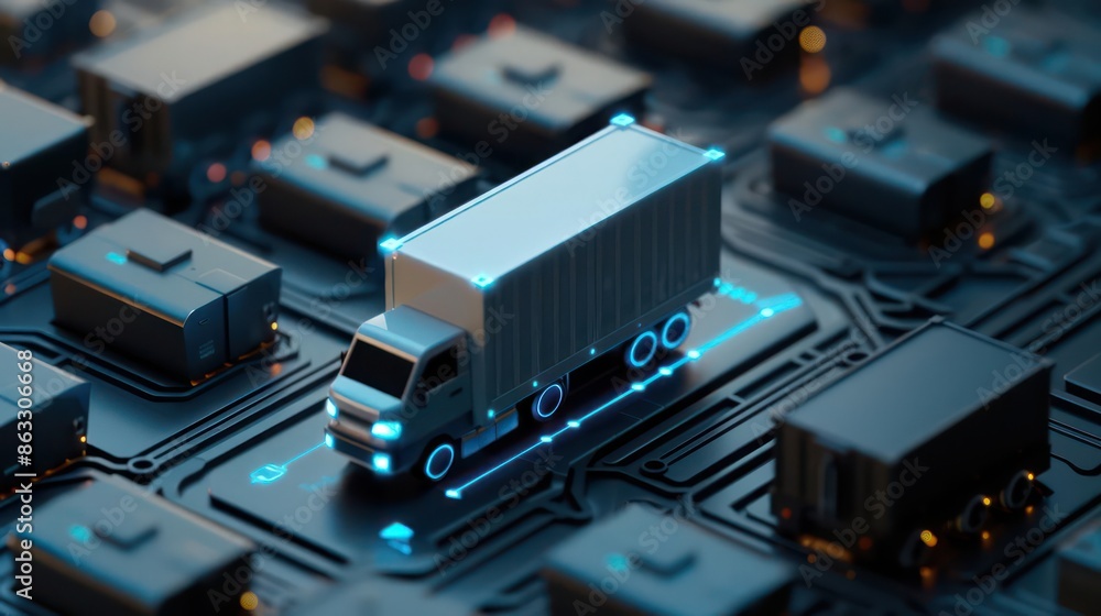 Detailed view of a futuristic logistics system tracking online orders, with copy space Detailed view of a futuristic logistics system tracking online orders, with copy space