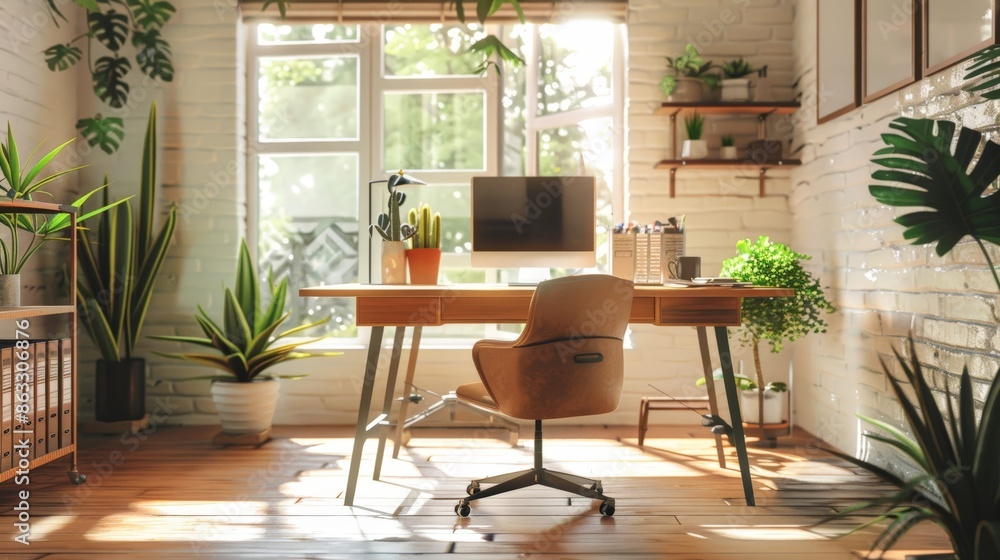 A modern home office with a large window, a wooden desk, and several plants A modern home office with a large window, a wooden desk, and several plants