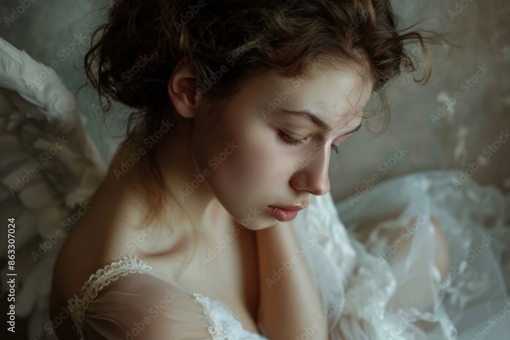 A woman wearing a white dress and angel wings, perfect for fantasy or spiritual themes A woman wearing a white dress and angel wings, perfect for fantasy or spiritual themes