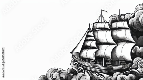 A hand-drawn, retro-style sketch of a pirate ship with billowing sails navigating through turbulent waves.