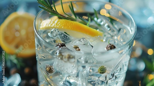 Photographed up close, a refreshing gin and tonic cocktail displays its ice, juniper berries, and lemon and rosemary garnish.