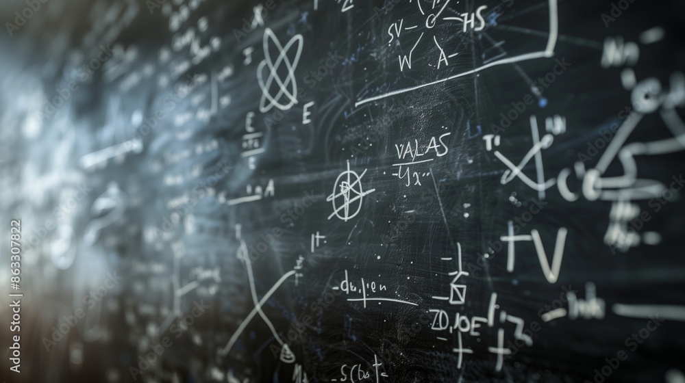 Operations and formulas of quantum physics handwritten with a chalk on the blackboard Operations and formulas of quantum physics handwritten with a chalk on the blackboard