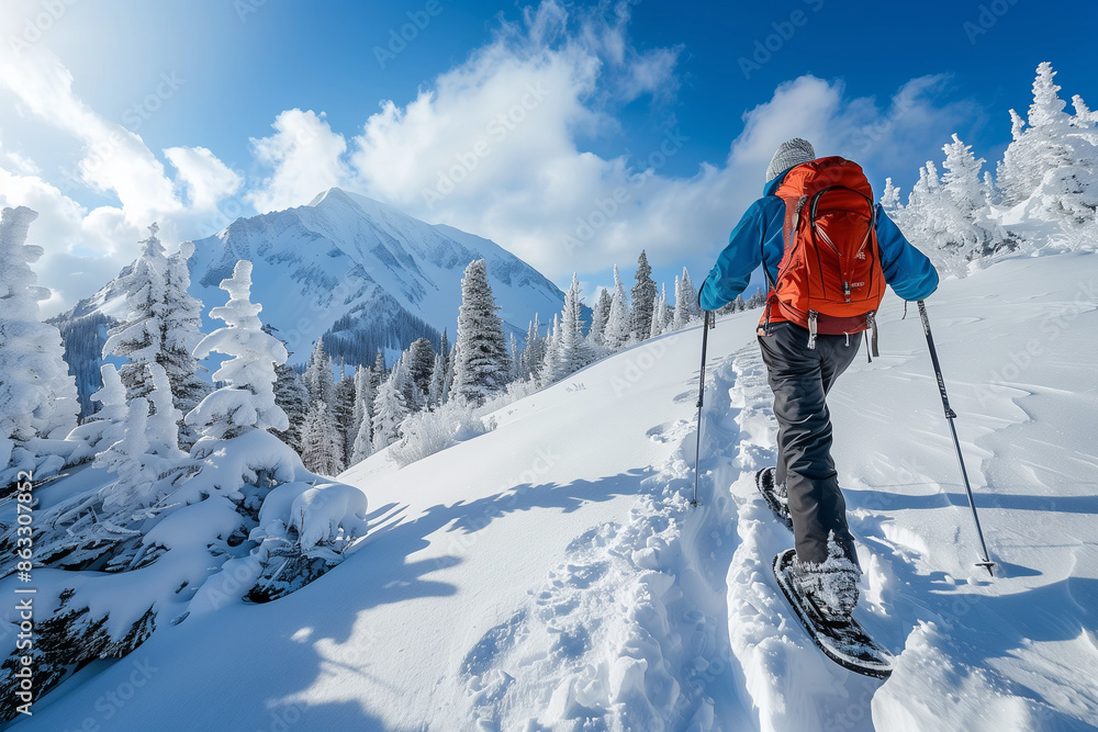 Snowshoeing, progressing cautiously down the treacherous and snowy mountain trail, embracing the adventure and managing the inherent risks Snowshoeing, progressing cautiously down the treacherous and snowy mountain trail, embracing the adventure and managing the inherent risks
