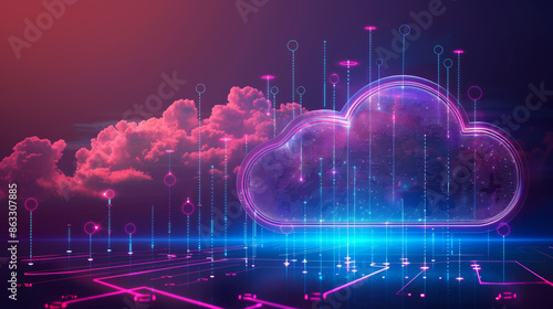 Vibrant Digital Illustration of a Floating Cloud Surrounded by Glowing Stellar Graphics and a Pink Neon Sky © EsterB