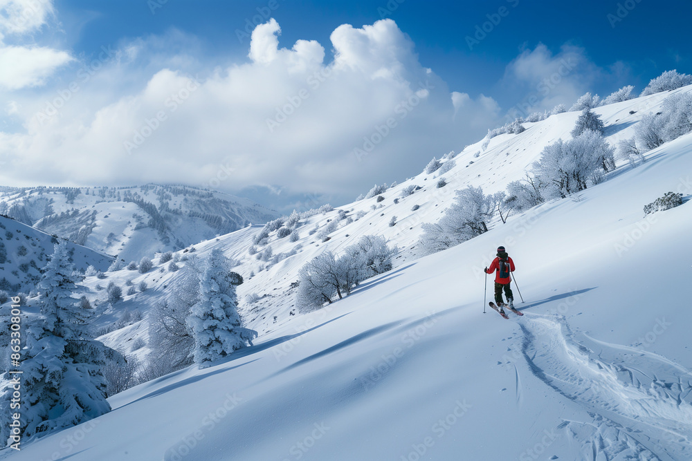 Skier in the Snow, racing down a treacherous mountain path, seeking adventure and managing the risk as part of the adrenaline-fueled experience of this intense winter sport Skier in the Snow, racing down a treacherous mountain path, seeking adventure and managing the risk as part of the adrenaline-fueled experience of this intense winter sport