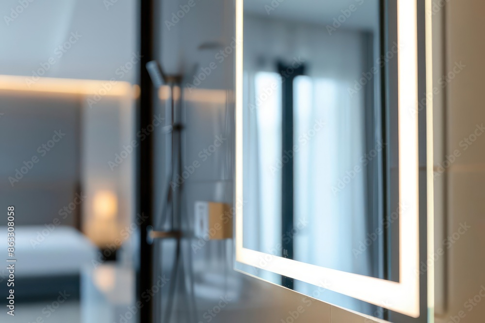 Detailed view of a smart mirror providing personalized hotel services, with ample copy space Detailed view of a smart mirror providing personalized hotel services, with ample copy space
