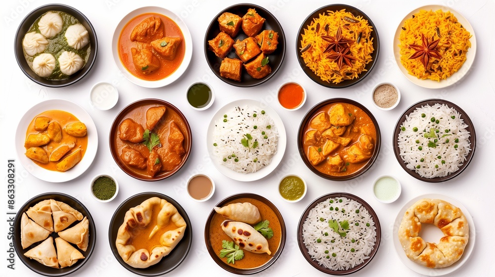 Top view collection of Indian foods isolated on a white background, including momos, butter chicken curry and rice, samosas, and pani puri Top view collection of Indian foods isolated on a white background, including momos, butter chicken curry and rice, samosas, and pani puri