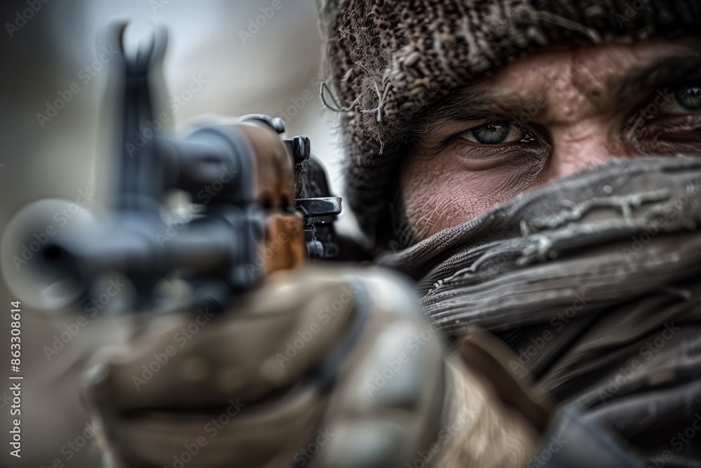 A man is holding a gun and wearing a hat. The man's face is obscured by a scarf A man is holding a gun and wearing a hat. The man's face is obscured by a scarf