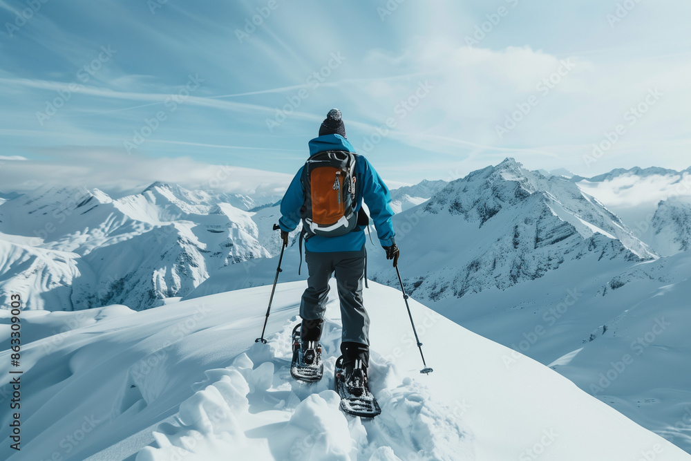 Snowshoeing, stepping through the deep snow on a perilous mountain slope, balancing the sense of adventure with the considerable risks Snowshoeing, stepping through the deep snow on a perilous mountain slope, balancing the sense of adventure with the considerable risks