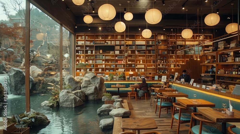 Modern Cafe With Waterfall View and Extensive Book Collection Modern Cafe With Waterfall View and Extensive Book Collection