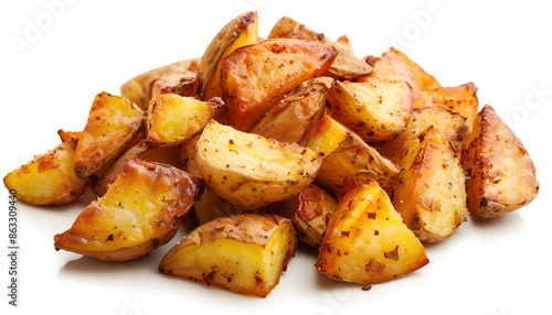 Roasted potatoes. Baked potato wedges in frying pan on white background. photo
