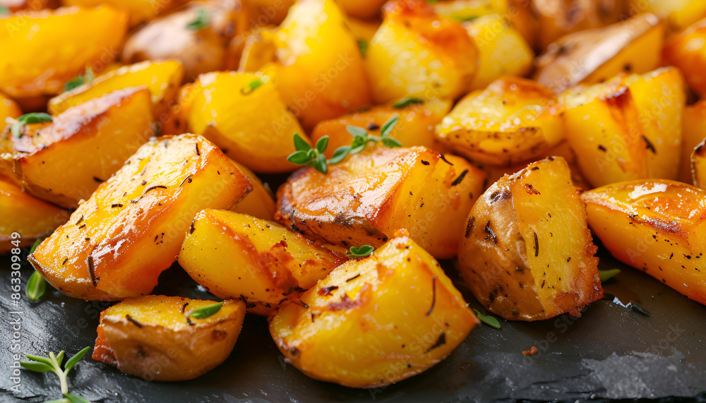 Roasted potatoes. Baked potato wedges in frying pan on dark stone background. Roasted potatoes. Baked potato wedges in frying pan on dark stone background.