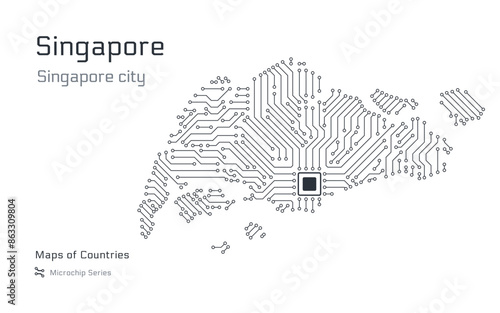White vector map of Singapore created from a microchip pattern, with the capital Singapore City depicted as a microchip