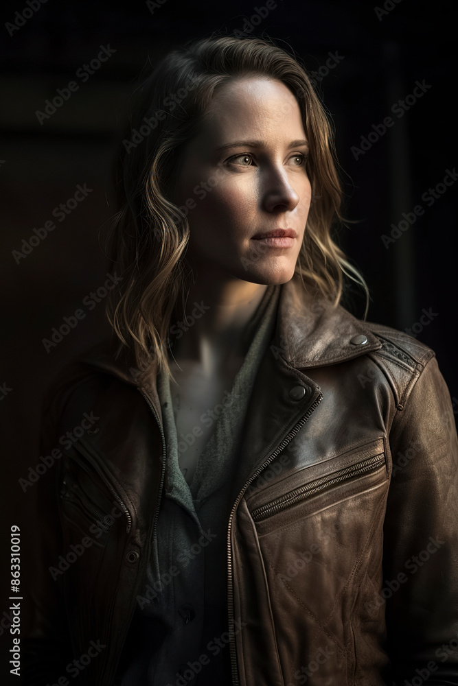 young woman in leather jacket looking into the distance. Dramatic portrait photography. Contemporary fashion and introspection concept young woman in leather jacket looking into the distance. Dramatic portrait photography. Contemporary fashion and introspection concept