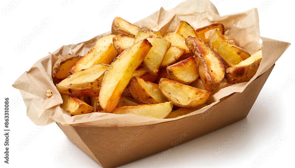 Roasted potatoes. Baked potato wedges in box on white background. Roasted potatoes. Baked potato wedges in box on white background.
