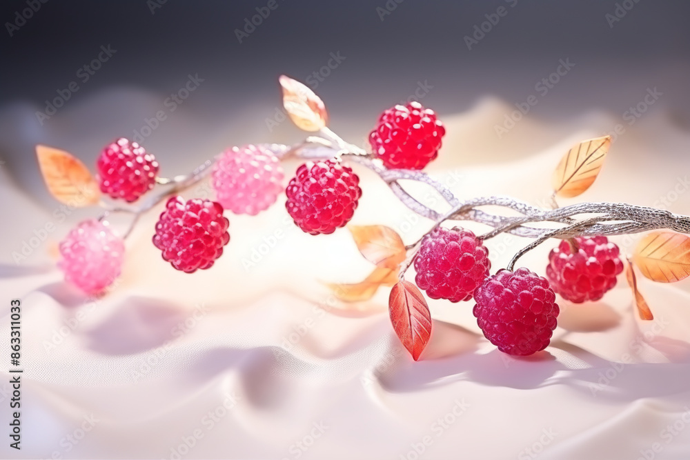 delicate Silver brooch with Ruby beads in the shape of Red Raspberries with white leaves, soft pastel white, gray background delicate Silver brooch with Ruby beads in the shape of Red Raspberries with white leaves, soft pastel white, gray background