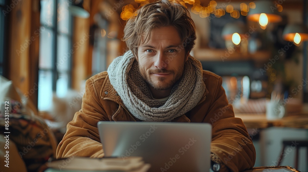 Fototapeta premium Man Working on Laptop in Cozy Cafe Setting