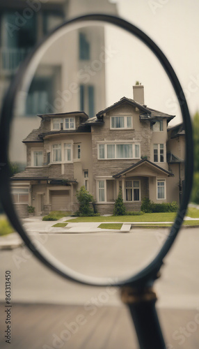 Searching new house for purchase Rental housing market Magnifying glass near residential building