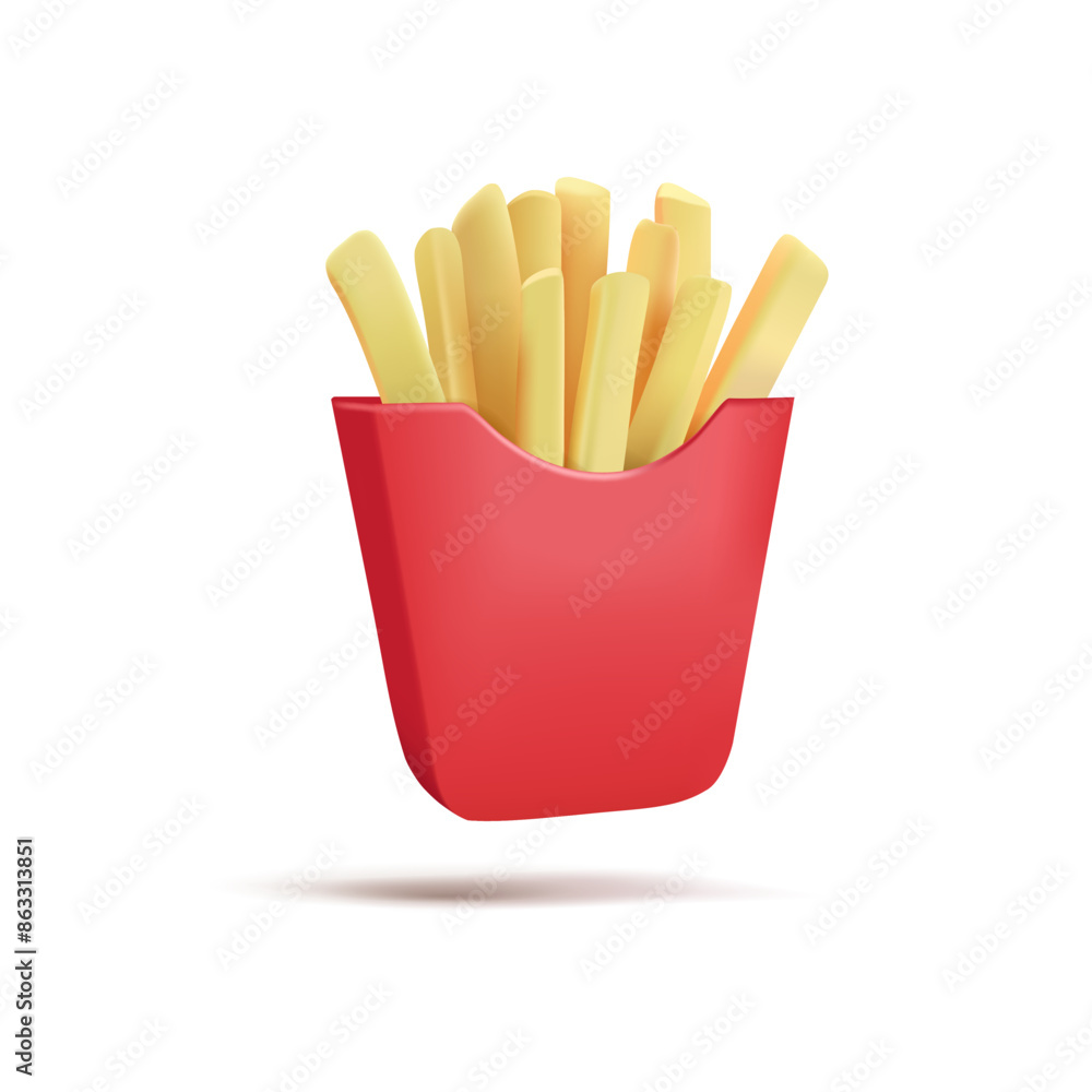 French fries in a red package, 3D. Salty fried French fries, fast food. Vector