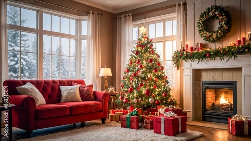 Cozy Living Room Decorated For Christmas With A Red Sofa, A Lit Fireplace