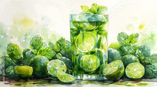 Green smoothie ingredients arranged in an elegant watercolor composition for a Green Goddess theme, on a white background