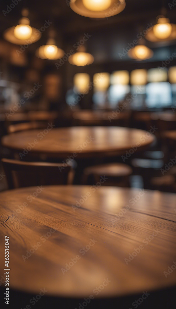 Wooden round table and pub or bar blur background Wooden round table and pub or bar blur background