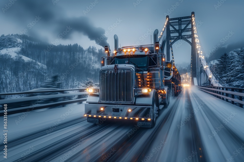 A gleaming silver truck navigates through a snowy bridge encapsulated in a winter night, with city lights reflecting the perseverance and resolve amidst challenging conditions. A gleaming silver truck navigates through a snowy bridge encapsulated in a winter night, with city lights reflecting the perseverance and resolve amidst challenging conditions.