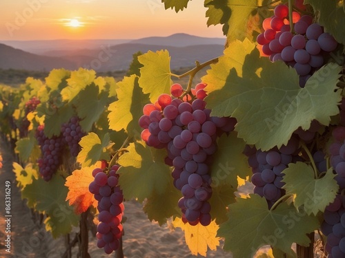 a bunch of grapes hanging from a vine,surrounded by leaves and the sun is setting in the background