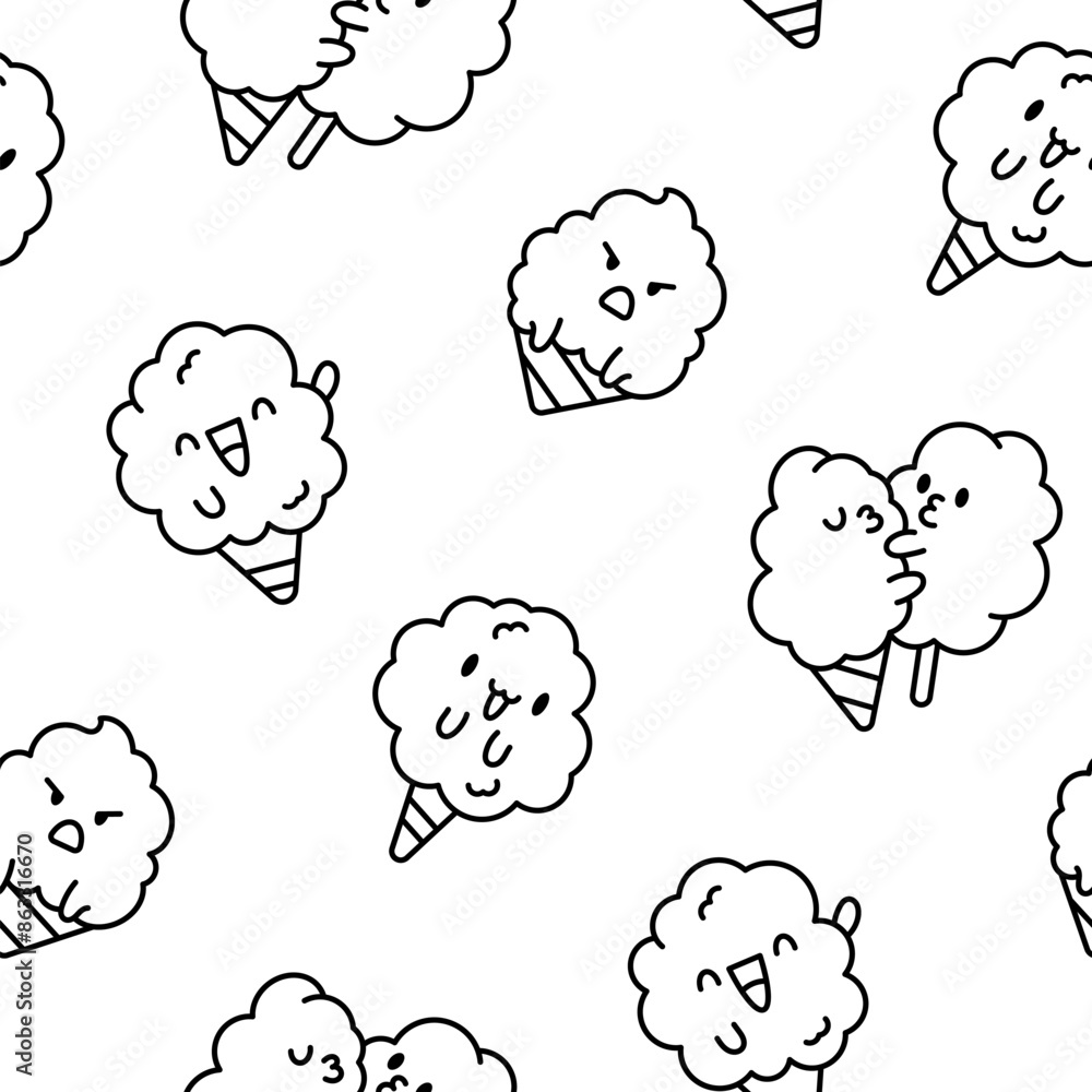 Cute kawaii cotton candy with a smile. Seamless pattern. Coloring Page. Sweet sugar cartoon food character. Hand drawn style. Vector drawing. Design ornaments. Cute kawaii cotton candy with a smile. Seamless pattern. Coloring Page. Sweet sugar cartoon food character. Hand drawn style. Vector drawing. Design ornaments.