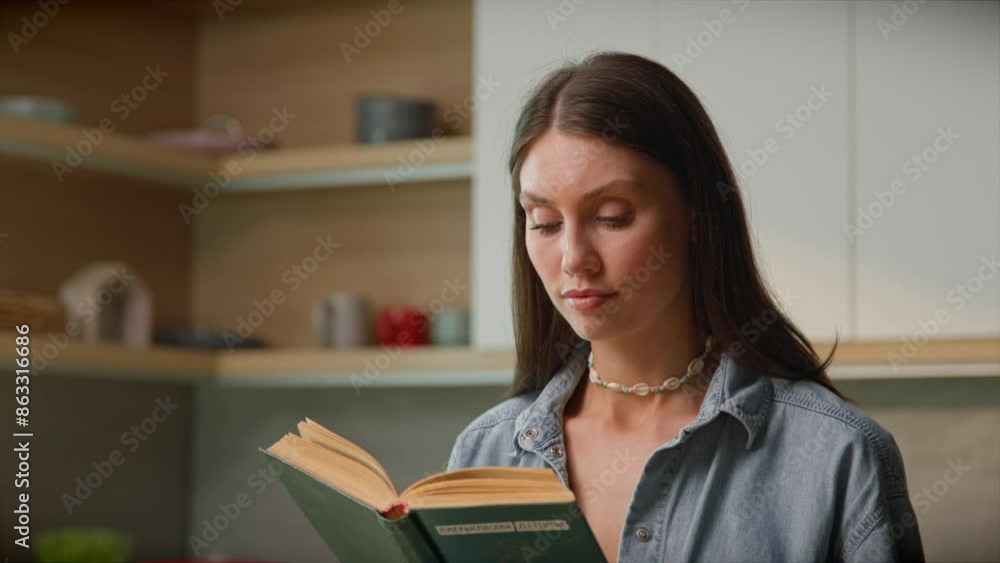 Close-up portrait of young beautiful woman looking at book and reading novel. Attractive female Caucasian reader in jeans shirt on blurred background of modern kitchen Close-up portrait of young beautiful woman looking at book and reading novel. Attractive female Caucasian reader in jeans shirt on blurred background of modern kitchen