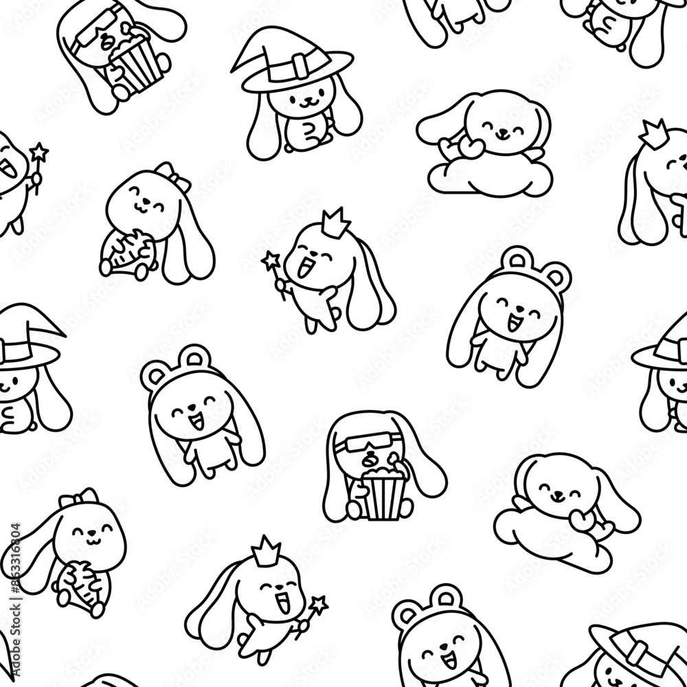 Obraz premium Cute kawaii bunny. Seamless pattern. Coloring Page. Cartoon little rabbit characters. Hand drawn style. Vector drawing. Design ornaments.